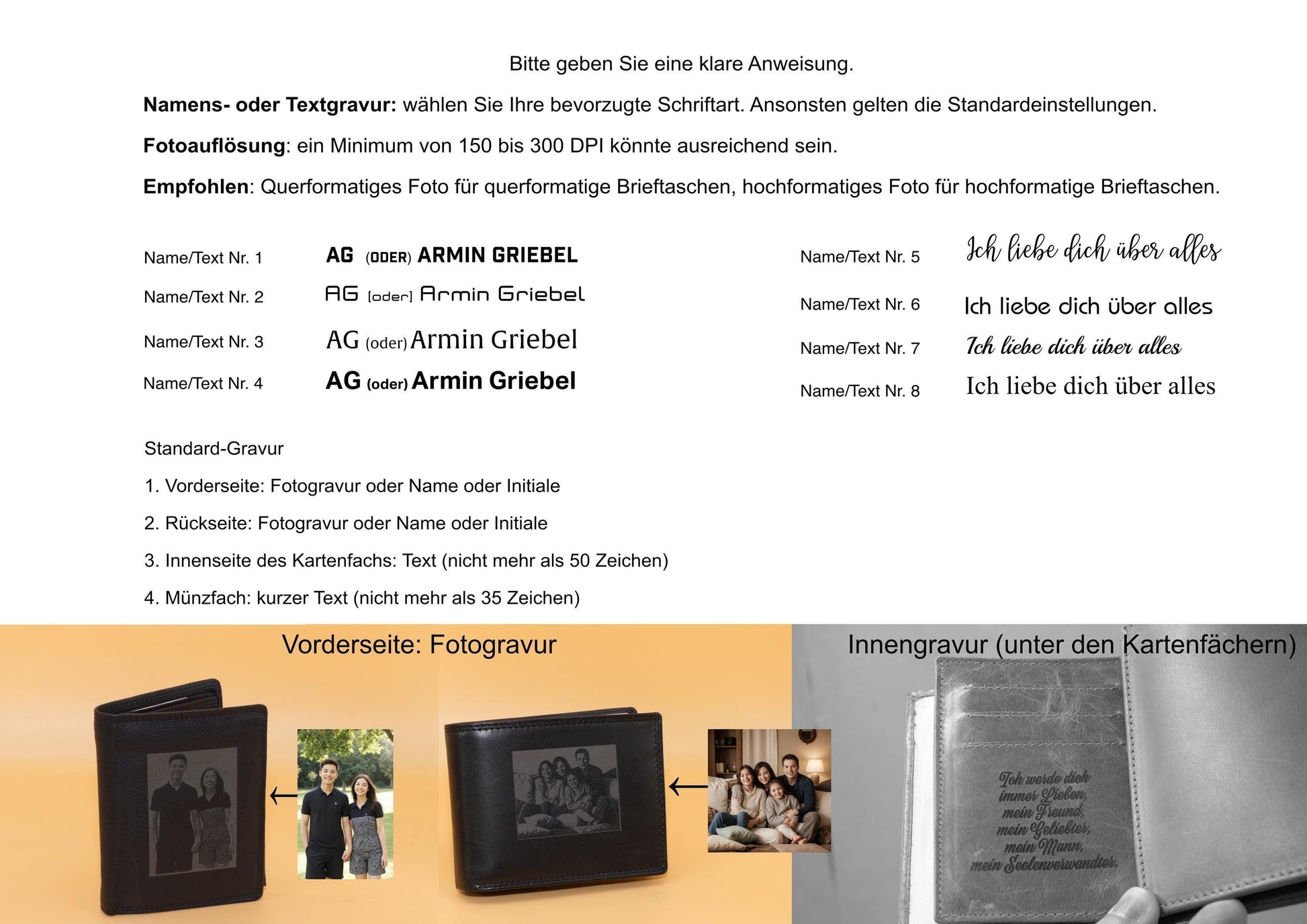 Personalisierte Herrenbrieftasche mit Fotogravur cir. 9,5x12cm aus echtem Leder, Geschenk für Vatertag, Valentinstag, für ihn, Geburtstag. - KATAAB